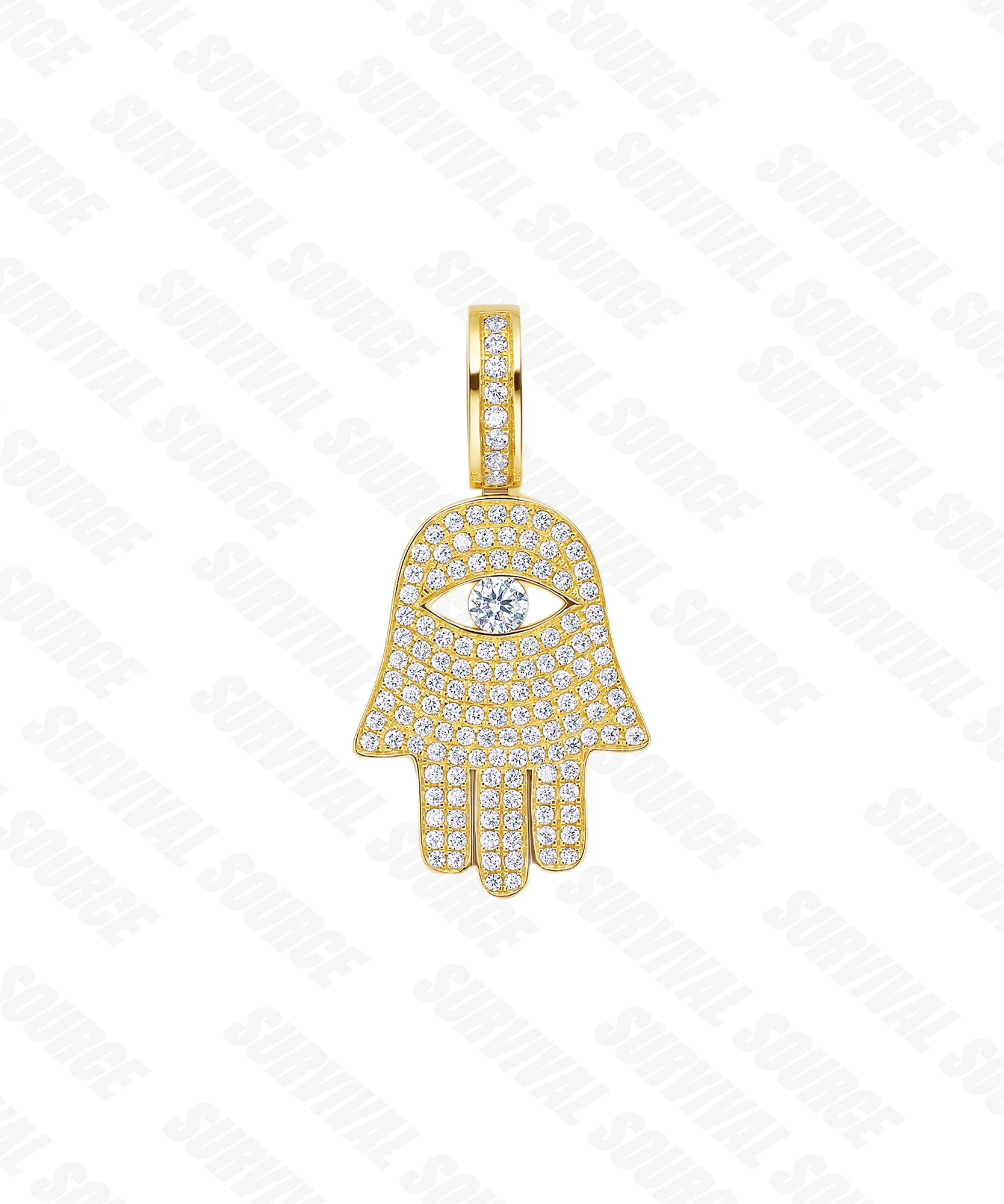 SURVIVALSOURCE S925 Silver Gold Plated ICED HAMSA HAND / Full Diamond Lucky Hand Hip Hop Necklace
