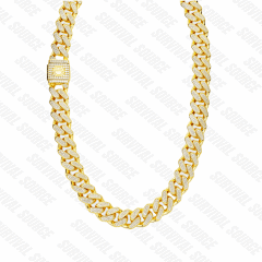 SURVIVALSOURCE S925 Silver Gold Plated Iced Cuban / 16mm Full Diamond Cuban Chain Hip Hop Necklace