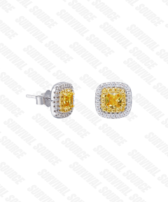 SURVIALSOURCE S925 Silver Gold Plated Yellow D Earrings/Square Colored Yellow Diamond Earrings
