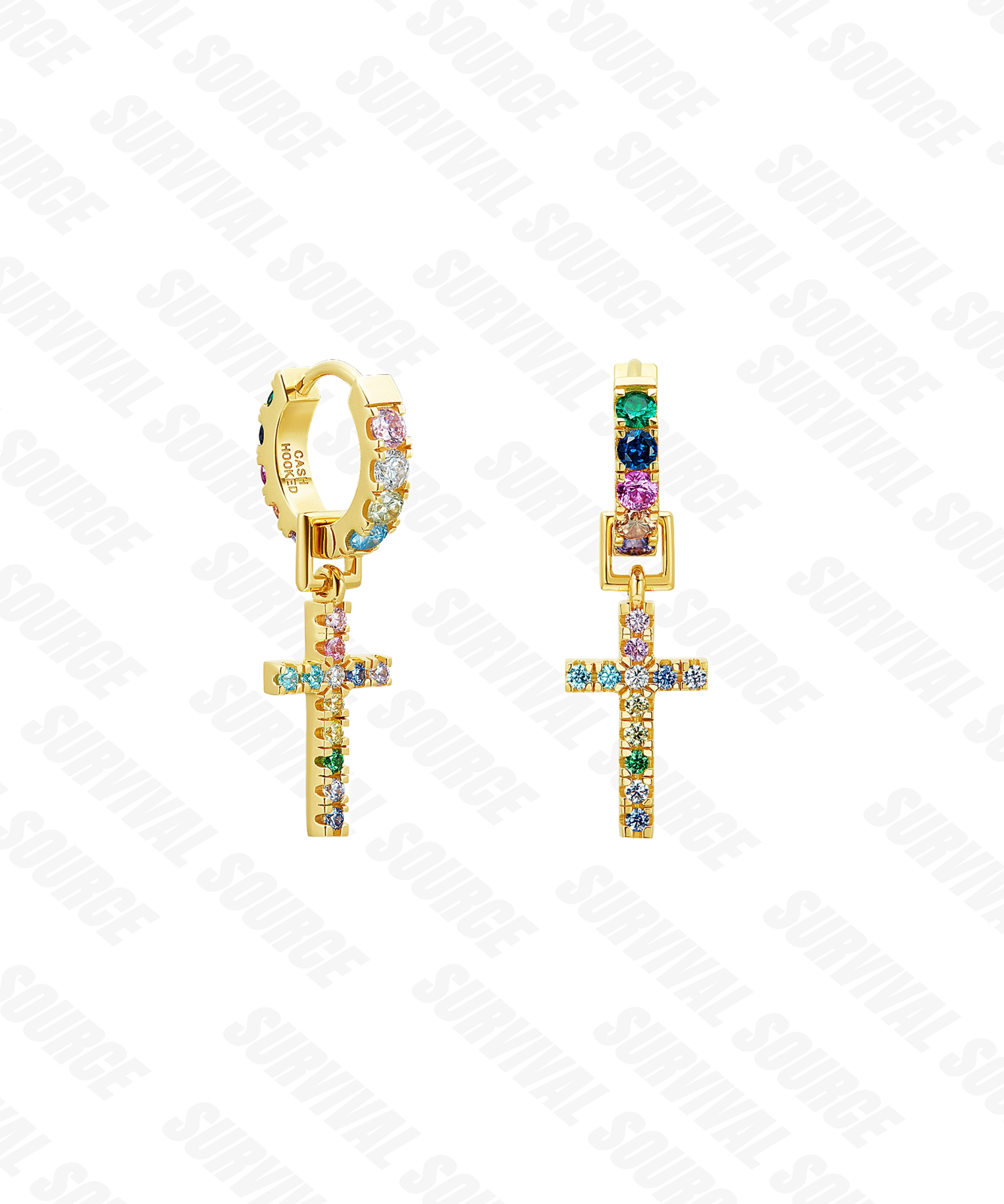 SURVIVALSOURCE S925银镀金 C EARRING /13MM 彩钻耳环 十字架可拆卸
