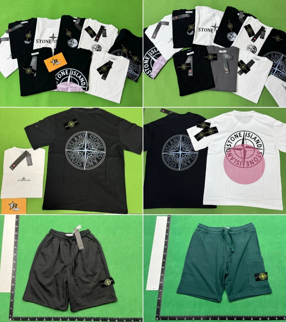 Stone Island Black and White T-Shirts with Green Shorts Combo Set