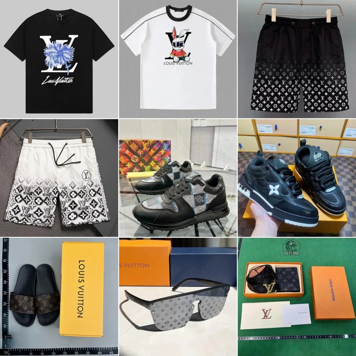 Louis Vuitton Black T-Shirt, White T-Shirt, Black Shorts, White Shorts, Black Sneakers, Black Slides