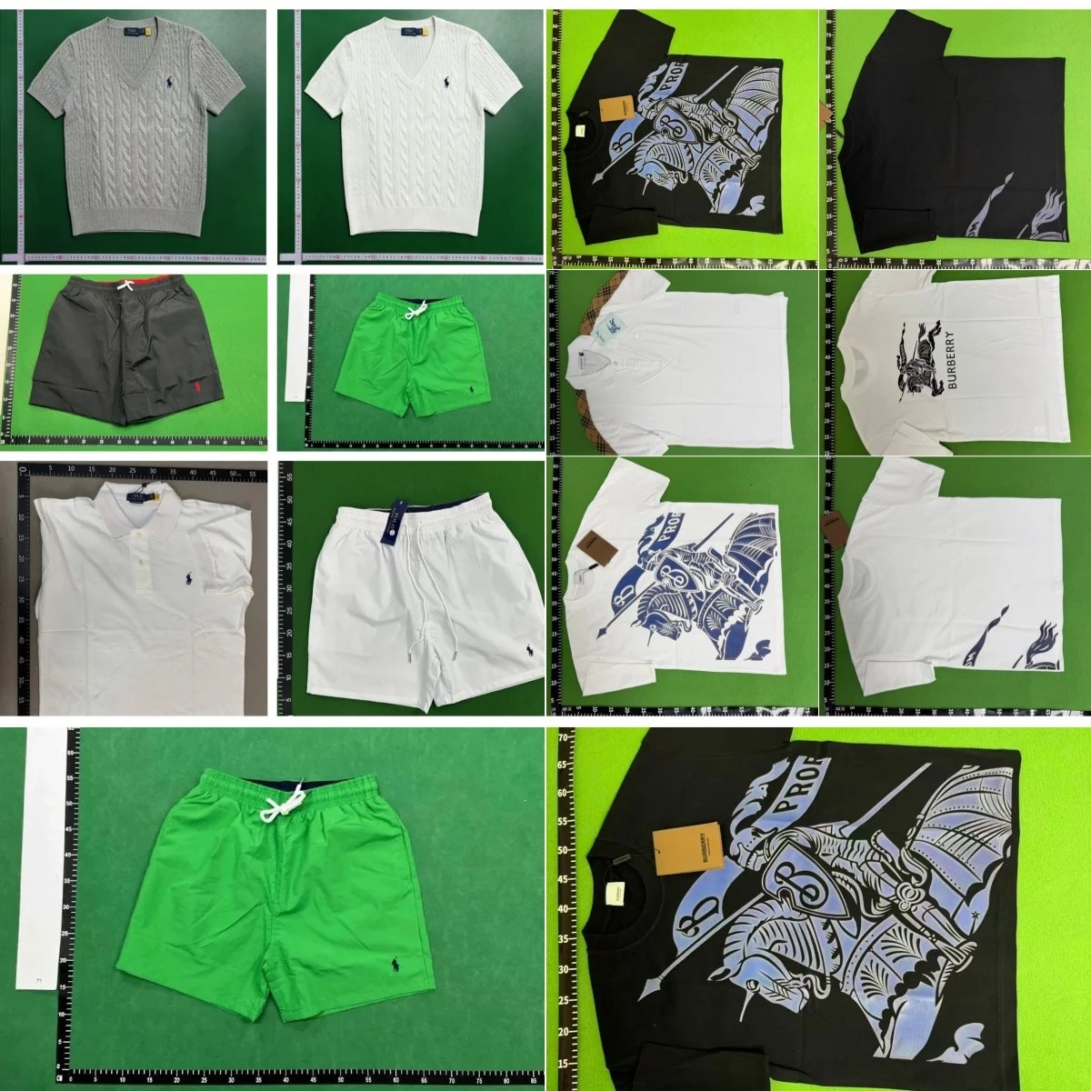 Ralph Lauren Grey V-Neck Sweater, White Polo Shirt, Green Shorts, Black T-Shirt with Knight Print, W