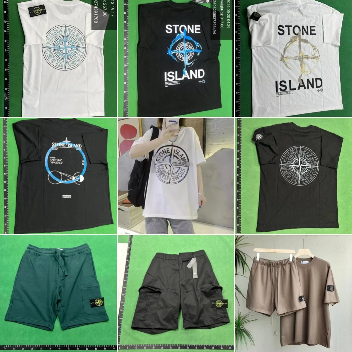 Stone Island White Graphic T-Shirt and Green Cargo Shorts Set
