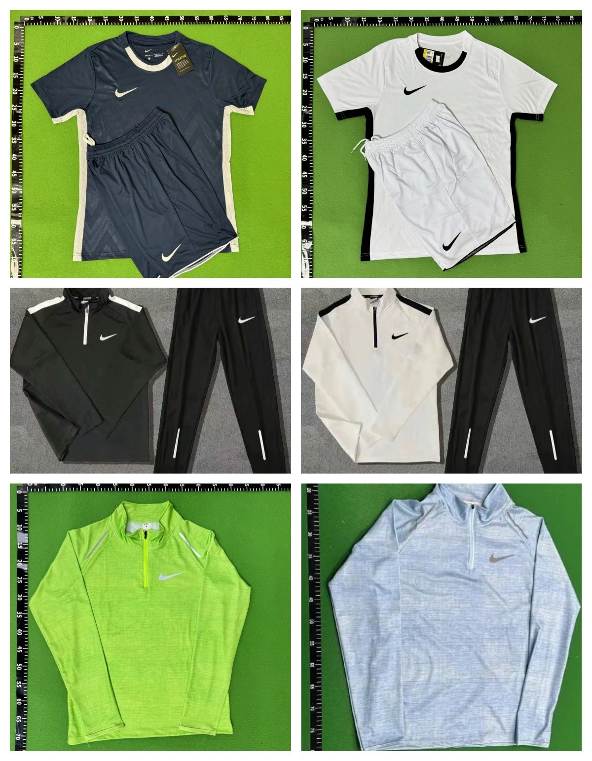 Nike Blue Short Sleeve Set, White T-Shirt and Shorts, Black Long Sleeve Top, White Quarter-Zip Top, Green Zip-Up Top, Light Blue Quarter-Zip Top