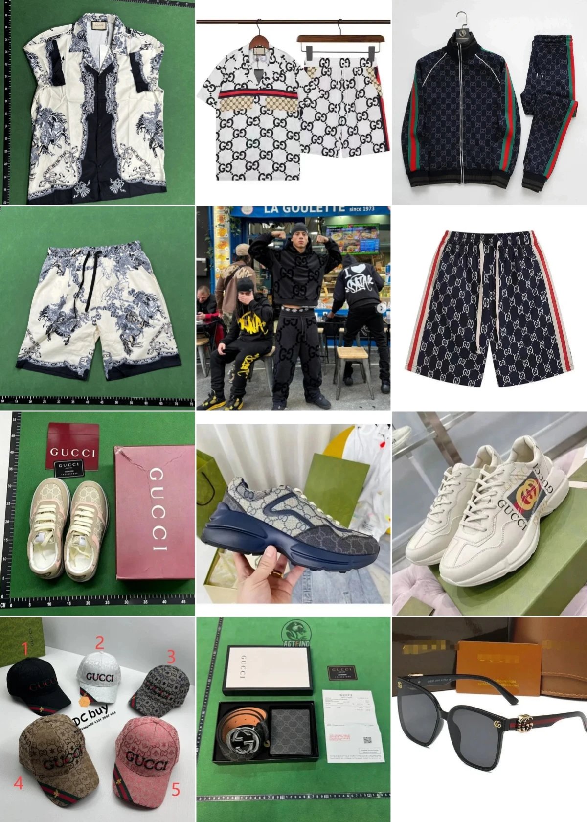 Gucci Black Track Jacket and Shorts Set, White Sneakers, Sunglasses, Belts, and Caps Combo Pack
