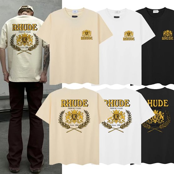 XH338 RHUDE PREMIUM CIGARS lion straw badge short-sleeved T-shirt tide men's and women's clothing couple models loose cotton short T black apricot white