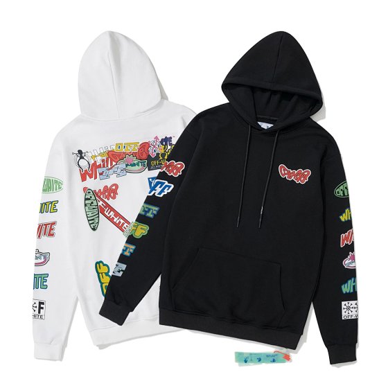 BM875XX Letter Graffiti Hoodie - Trendy Combined Arrow Pattern Digital Print Breathable 320G Cotton Terry Fabric, Fleece-Lined, Black & White, M-XXL