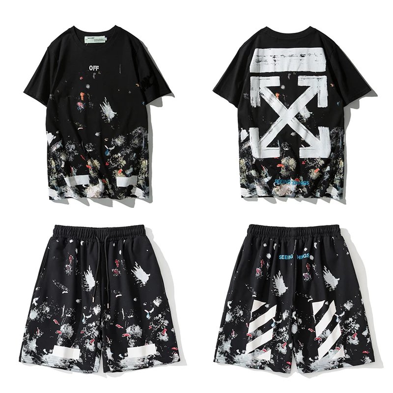 BM Short Sleeve T-Shirt 629 & Shorts 925 Spring/Summer New Arrival Trendy Brand Splash Print Pure Cotton Short T-Shirt Jogger Set for Men and Women, Couple Style, Black, Sizes M-XXL