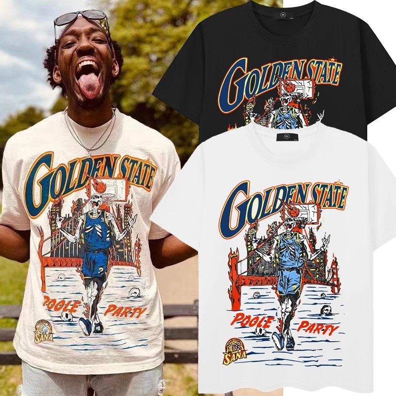 XH370 Golden State-Poole Part-Tshirt basketball short-sleeved T-shirt influx of men and women couples models loose cotton short T