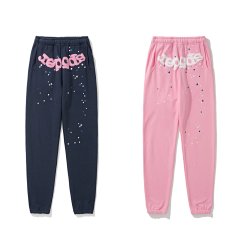 BM203K autumn and winter new European and American trendy brand SP5 360g-370g pure cotton casual pants spider web foam printing technology cotton pants sports pants leg binding pants blue pink S-XL