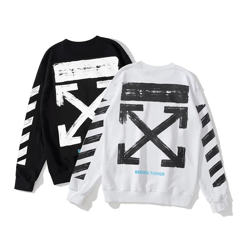 BM8711 New Trendy Men's Fleece-Lined Cotton Printed Crew Neck Sweatshirt, Black White, M L XL XXL