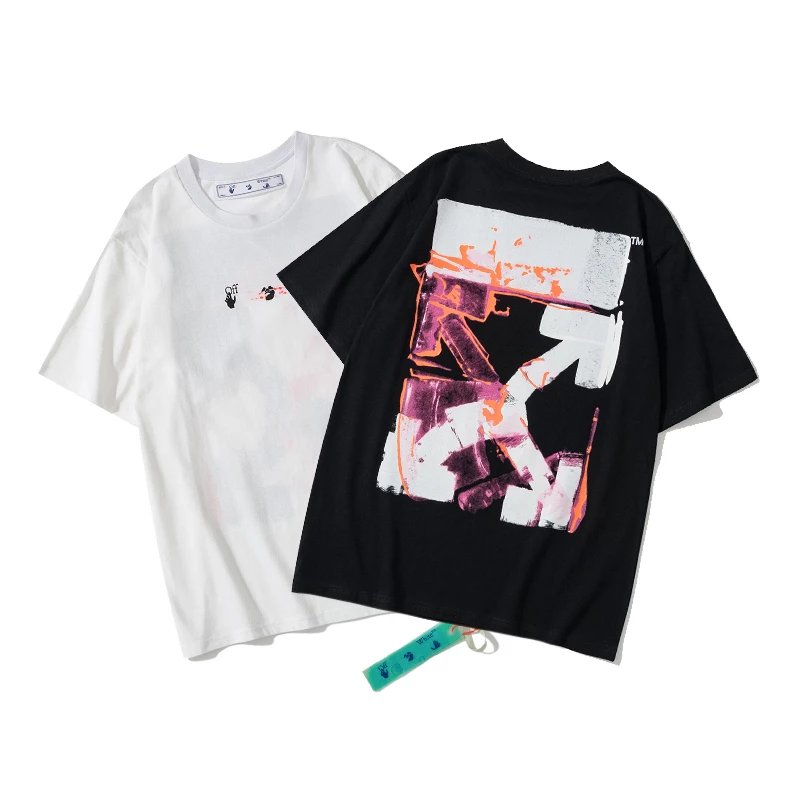 BM6109 New Graffiti Tape Arrow Short Sleeve T-Shirt Men Women Couple Streetwear Tee 100% Cotton Black White M-XXL