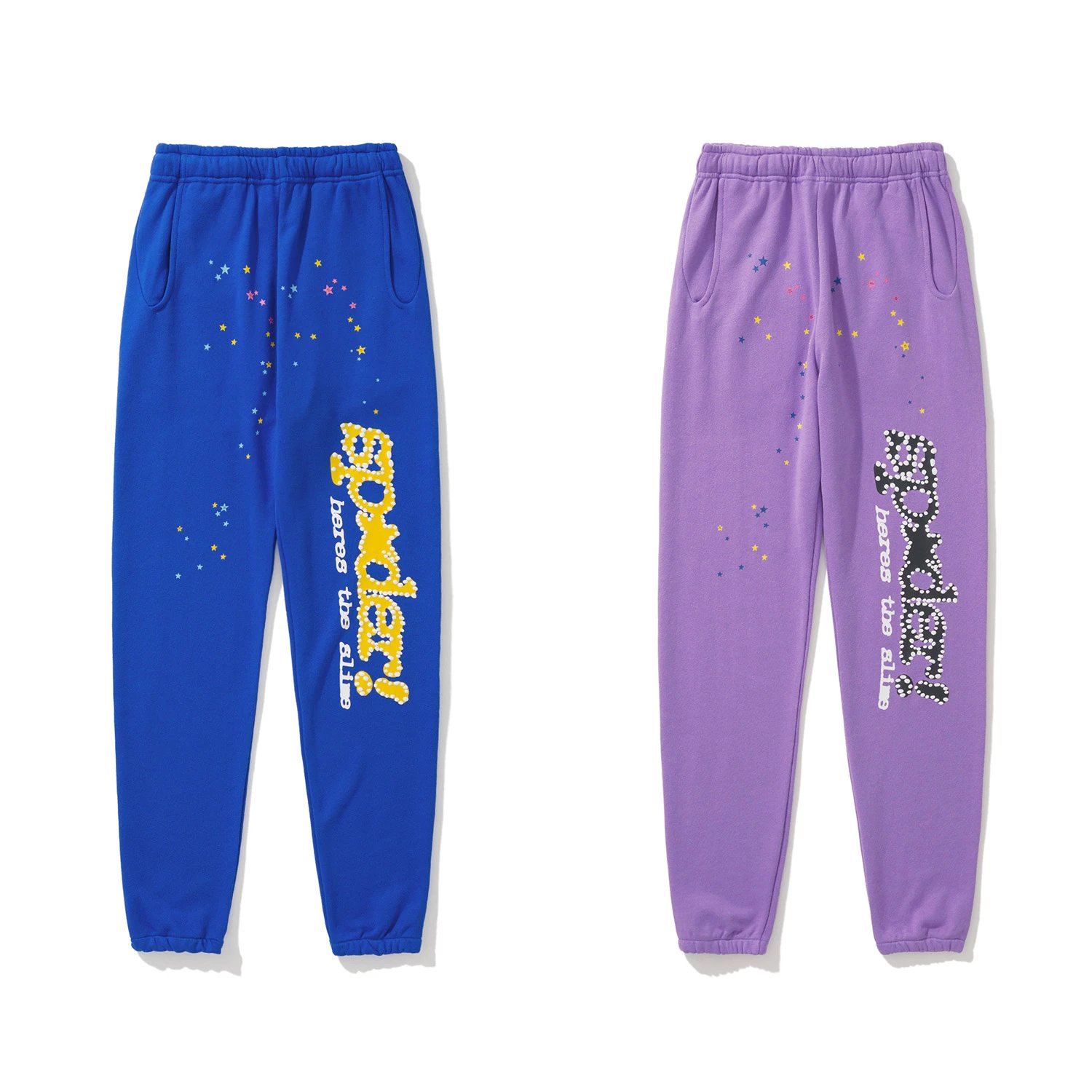BM205K Fall/Winter New European and American Streetwear Trend SP5 360g-370g Pure Cotton Casual Pants with Spider Web Foam Printing, Sweatpants, Joggers, Cuffed Pants, Blue, Purple, S-XL