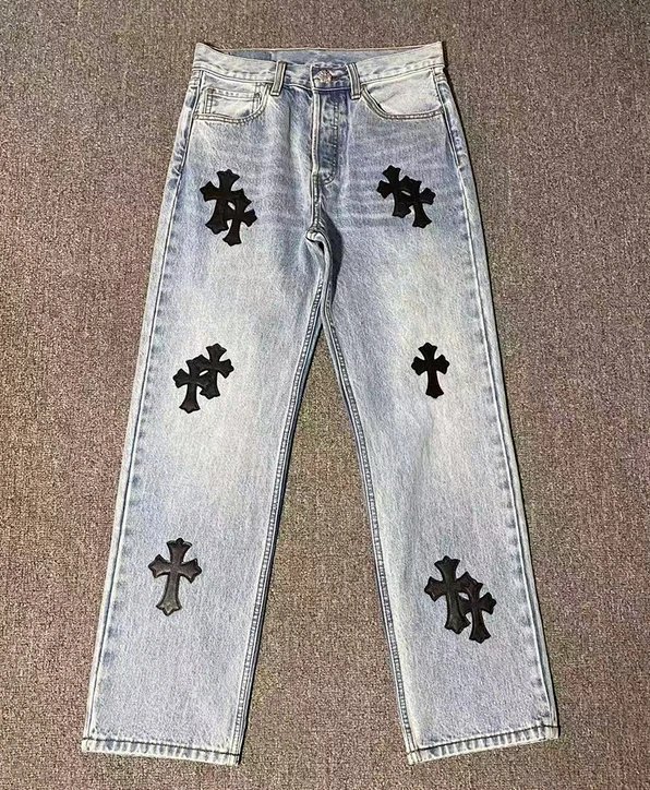 P589 牛仔裤蓝色黑皮