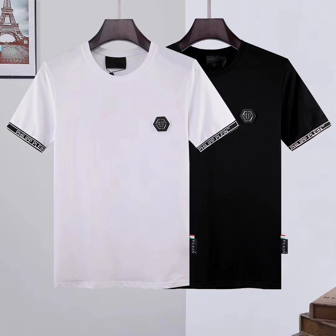 Trendy men's PHILIPP PLEIN 2026 summer new black round neck fashionable casual short sleeved t-shirt men's pure cotton sticker logo qp Korean version trend slim fit half sleeved base shirt t-shirt