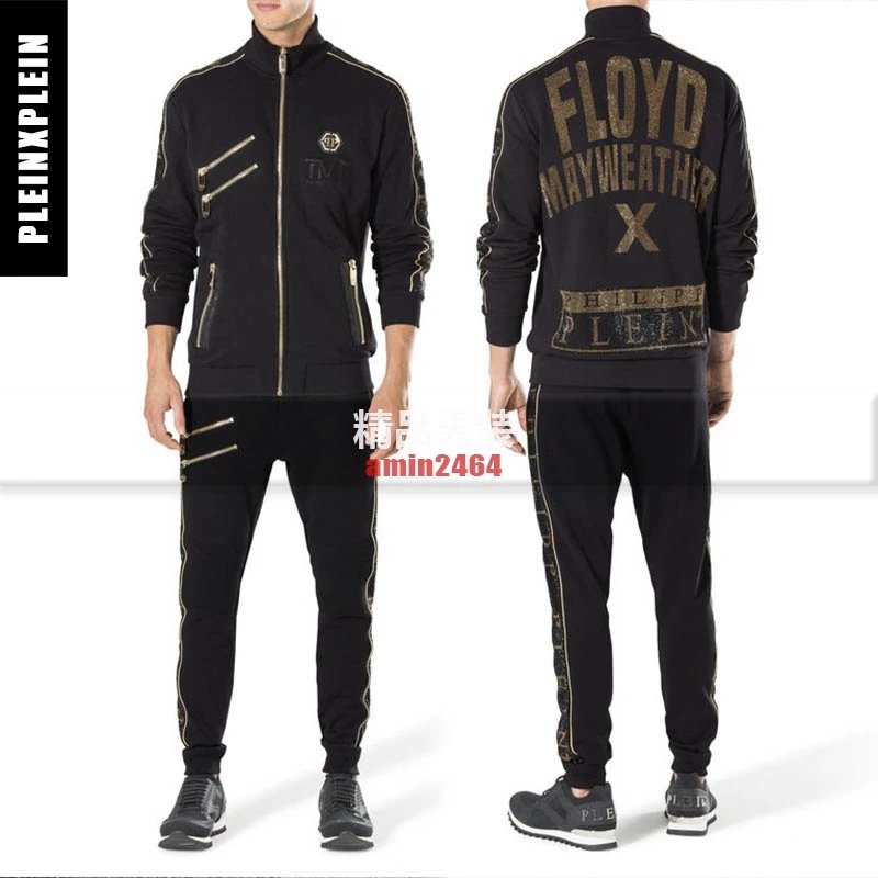 Autumn and winter new European and American fashion Philip Pulan men's black sports and leisure set, heavy duty letter hot drilling zipper decoration European fashion brand PP sweatshirt and pants two-piece set for men