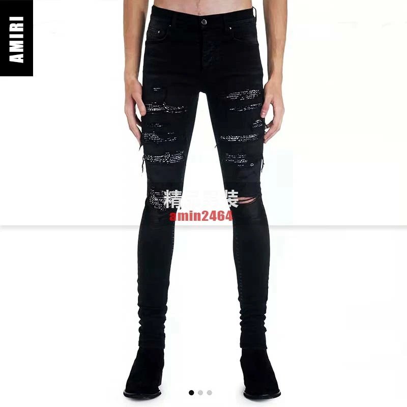 Amiri Black Washed Paisley Patch Knee Ripped High-Street Slim Fit Jeans for Men