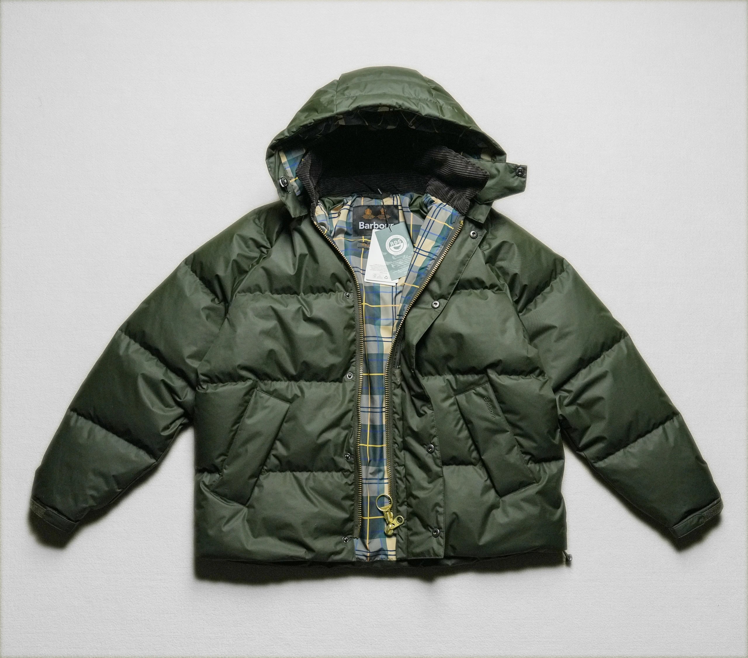 UK Barbo*r Green Unisex Winter Down Jacket – Loose Fit, 80% Goose Down, Thickened, Removable Hood