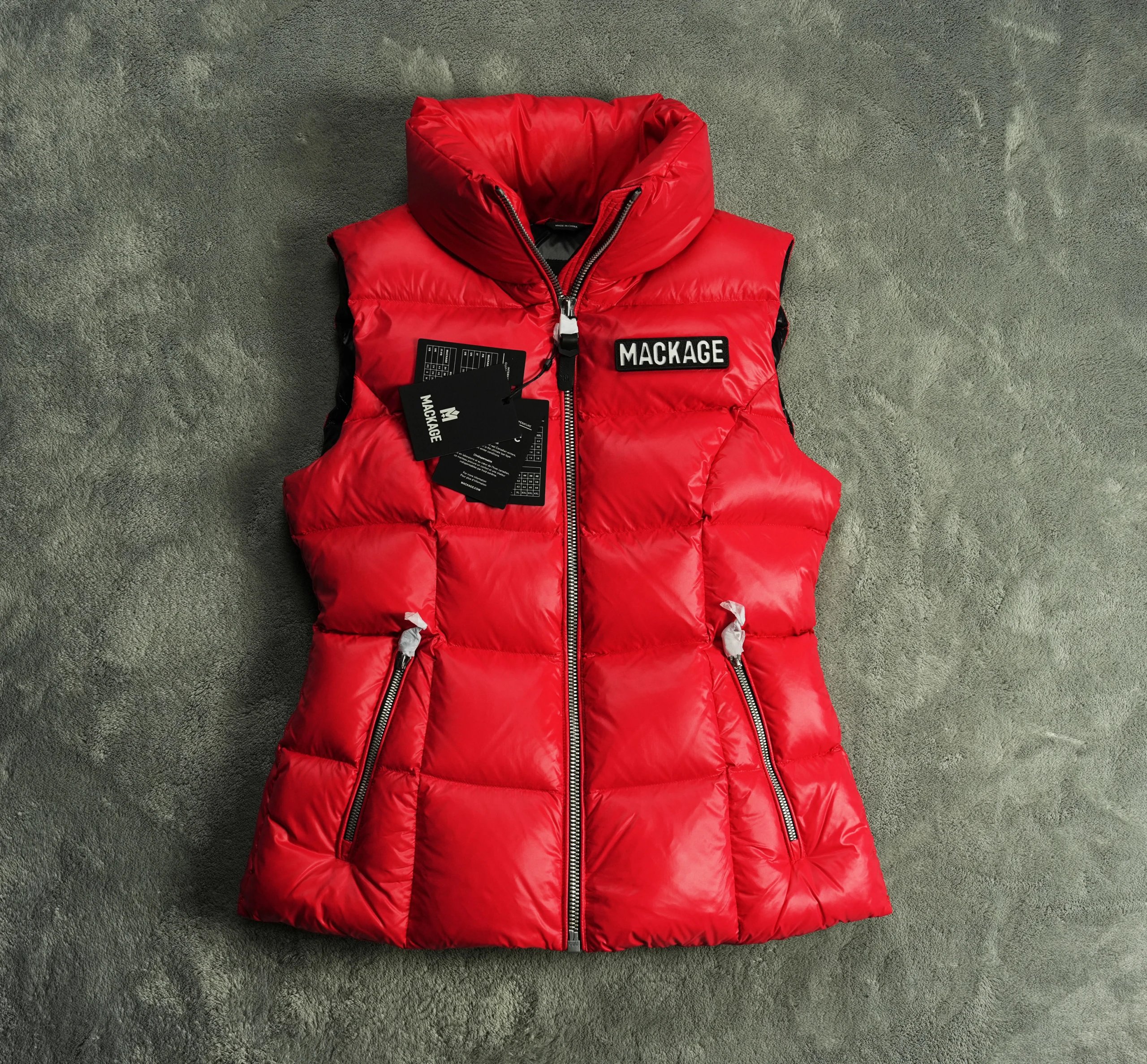 [One-of-a-Kind S, Authentic] MACKAGE Women's Stand-Collar 80% White Duck Down, Slim-Fit Puffer Vest in Bright Red