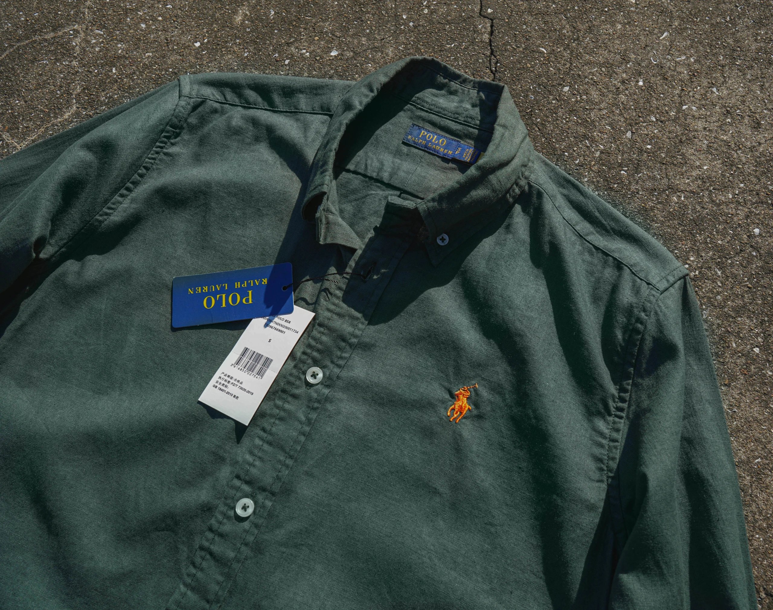 Pure Linen Original RALPH LAUREN Unisex Dark Green Summer Breathable Regular Fit Casual Business Long Sleeve Shirt