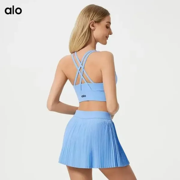Alo Yoga Cross-Back Sports Bra and Pleated Tennis Skirt Set Sky Blue Activewear - 1