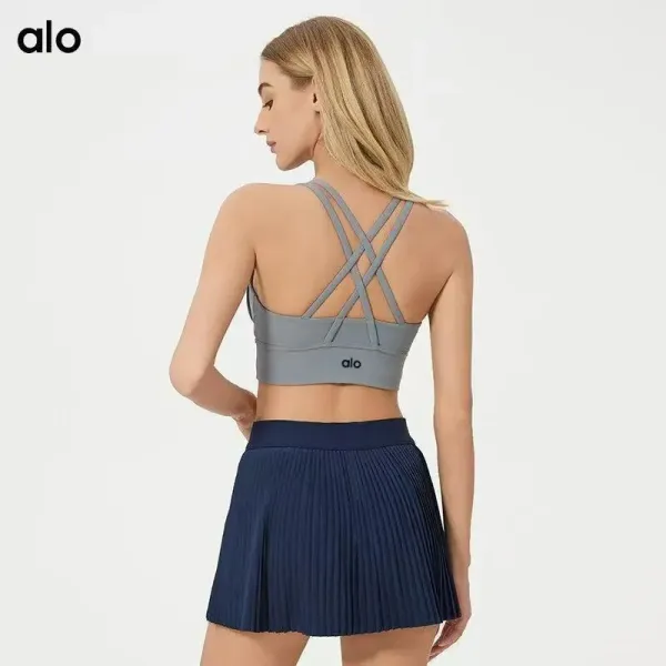 Alo Cross-Back Sports Bra in Gray and Pleated Tennis Skirt in Navy Activewear - 1