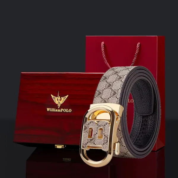 WilliamPOLO Monogram Canvas Belt with Gold-Tone Buckle Beige Leather Belt - 1