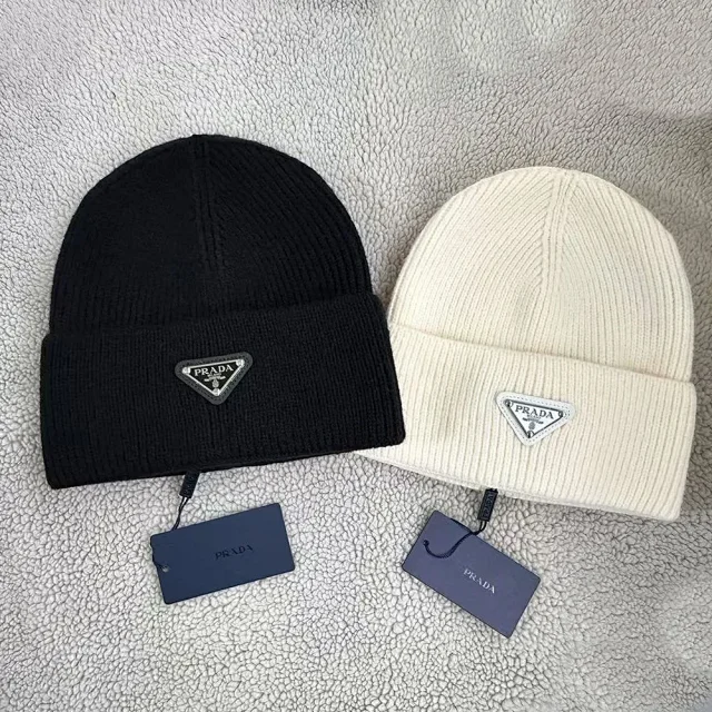 Prada Hats Ribbed Knit Beanie with Triangle Logo Plaque product detail image 11