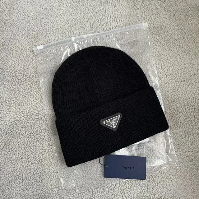 Prada Hats Ribbed Knit Beanie with Triangle Logo Plaque product detail image 14