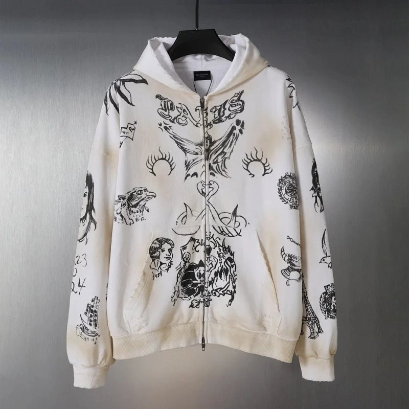 White tattoo-print zip hoodie