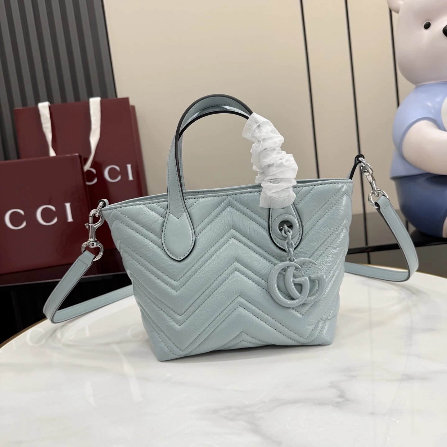 Gucci GG Marmont Matelassé Tote Bag Small Light Blue Leather