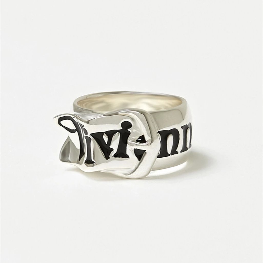Vivienne Westwood Ultra Cool Wide Belt Buckle Ring Vivienne 3D Unisex Dark Style with Saturn Ring Open