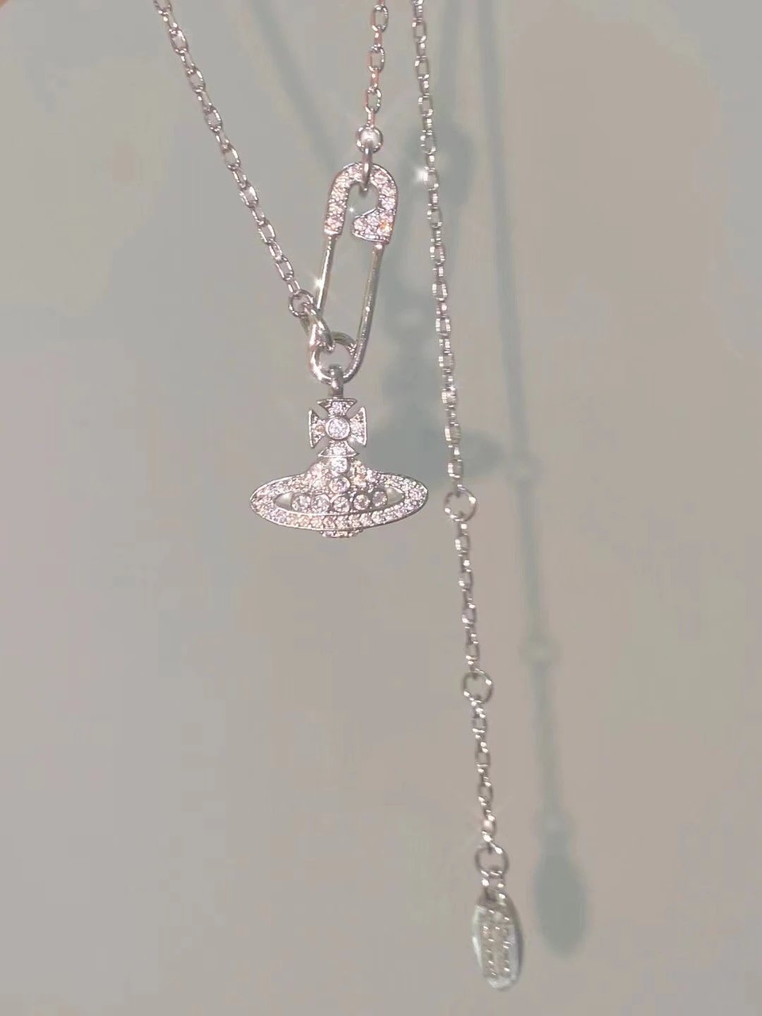 Classic Vivienne Westwood Same Style Full Diamond Saturn Pin Necklace Women's Niche Design Versatile European and American Collarbone Chain