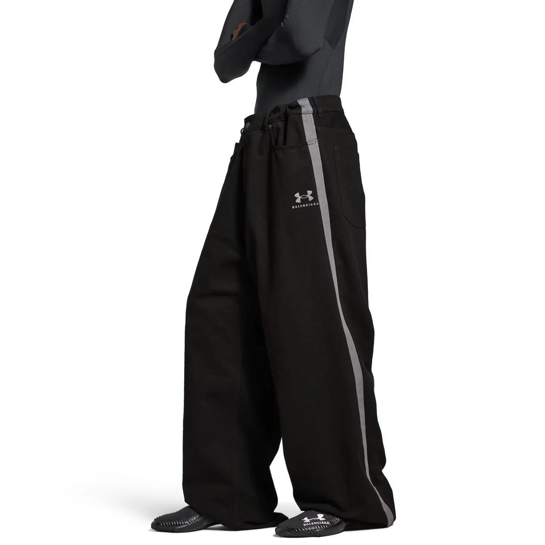 Spot BxAu new collaboration embroidery splicing high waist washed black drawstring jeans loose straight leg pants