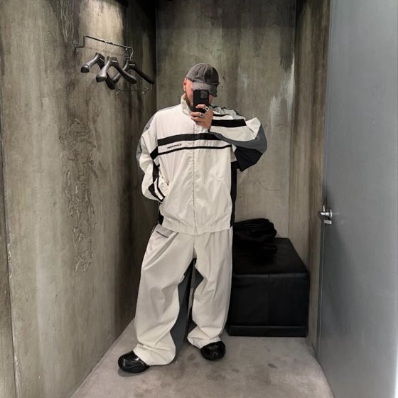 In Stock "B" White Grey Reversible Color-Block Small Ring Embroidery Varsity Zip Jacket Oversized Baggy Nylon Track Pants
