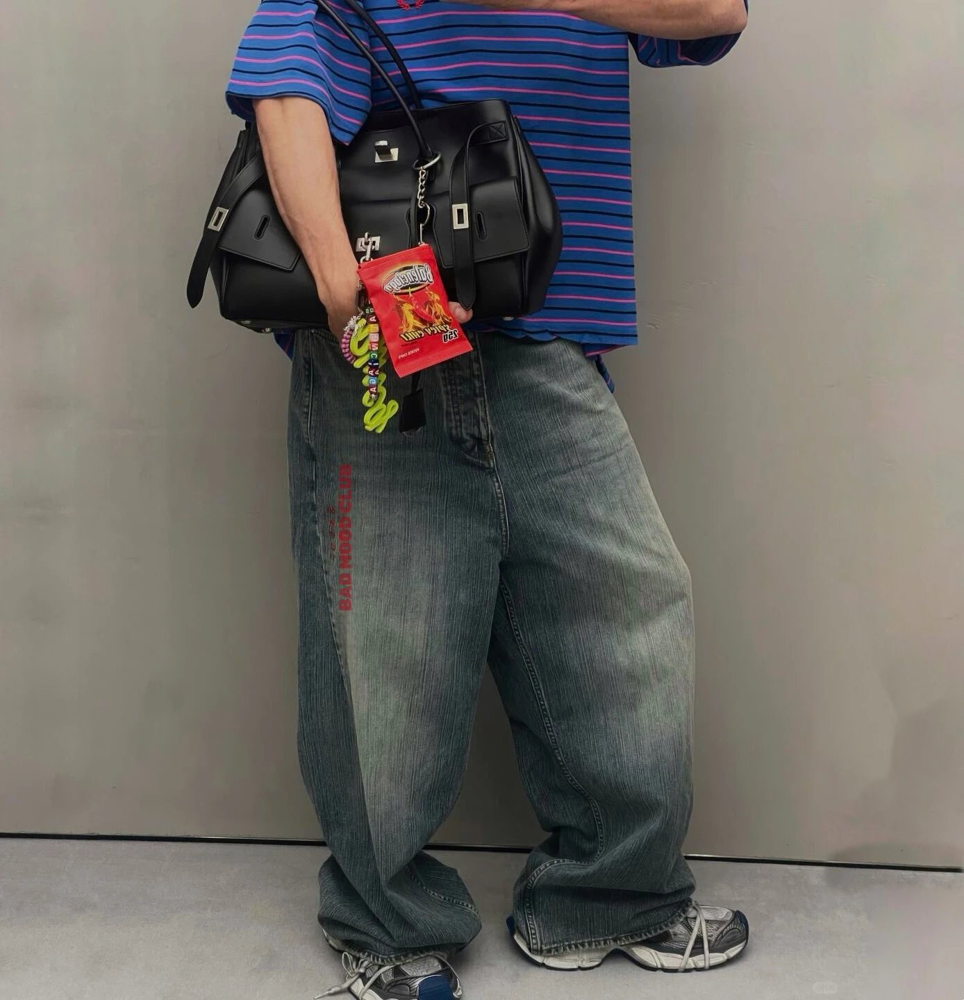 Balenciaga Wide-Leg Distressed Denim Jeans with Red Logo Print, Unisex Baggy Fit 1