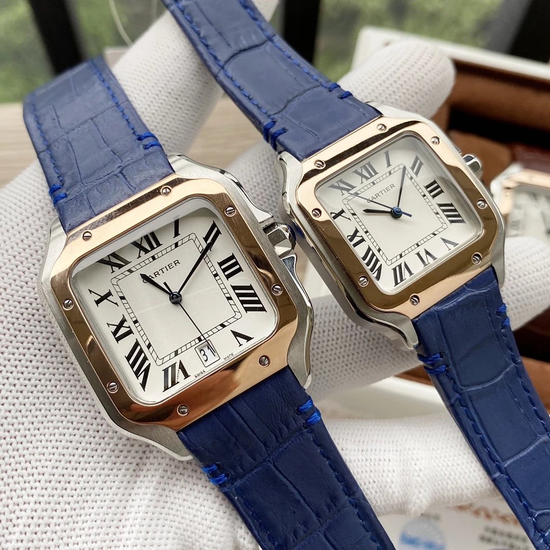 Rose gold shell, white plate, blue belt