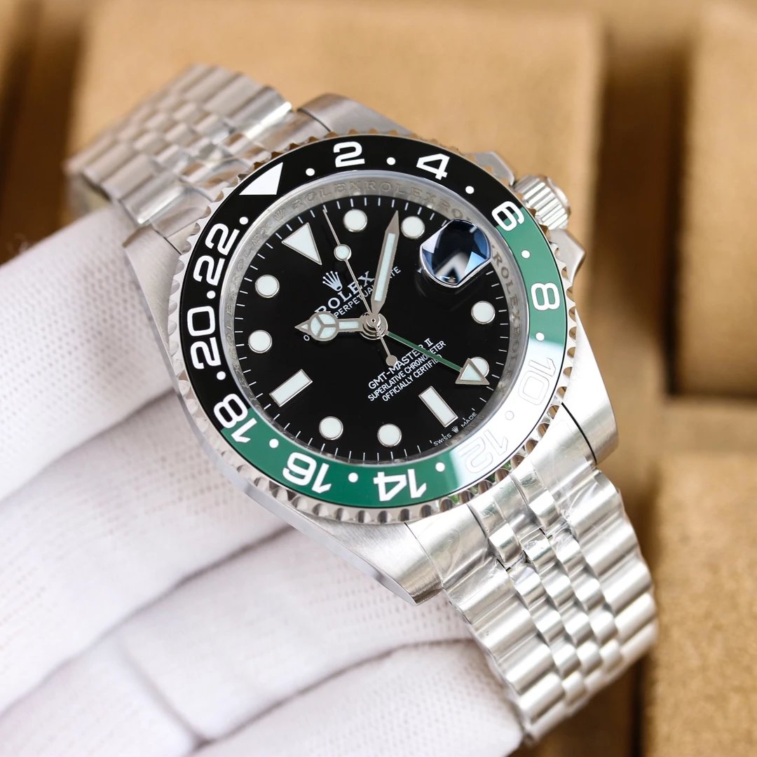 [Black and Green Ring Mouth] Silver Shell, Black Plate, Five Bead Steel Belt, Mineral Reinforced Mirror Glass