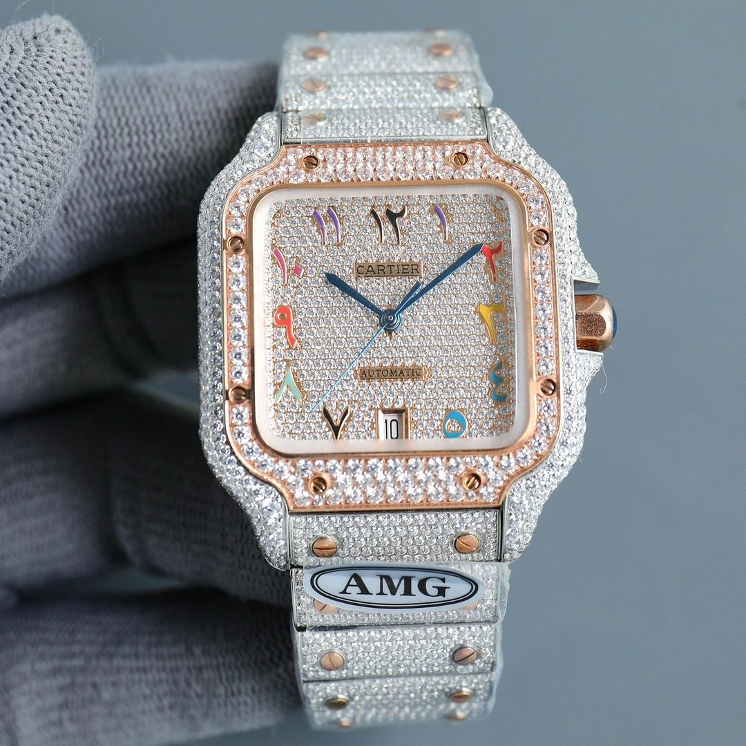 [Colorful Digital Dial] Rose Gold Plated Full Diamond Case · Steel Bracelet