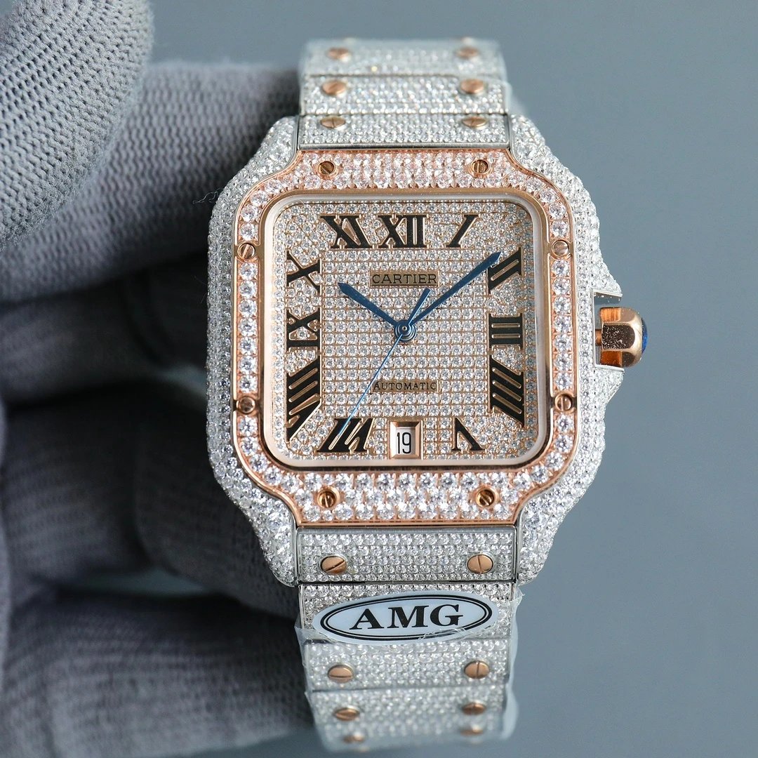 [Roman Dial] Rose Gold Plated Full Diamond Case · Steel Bracelet