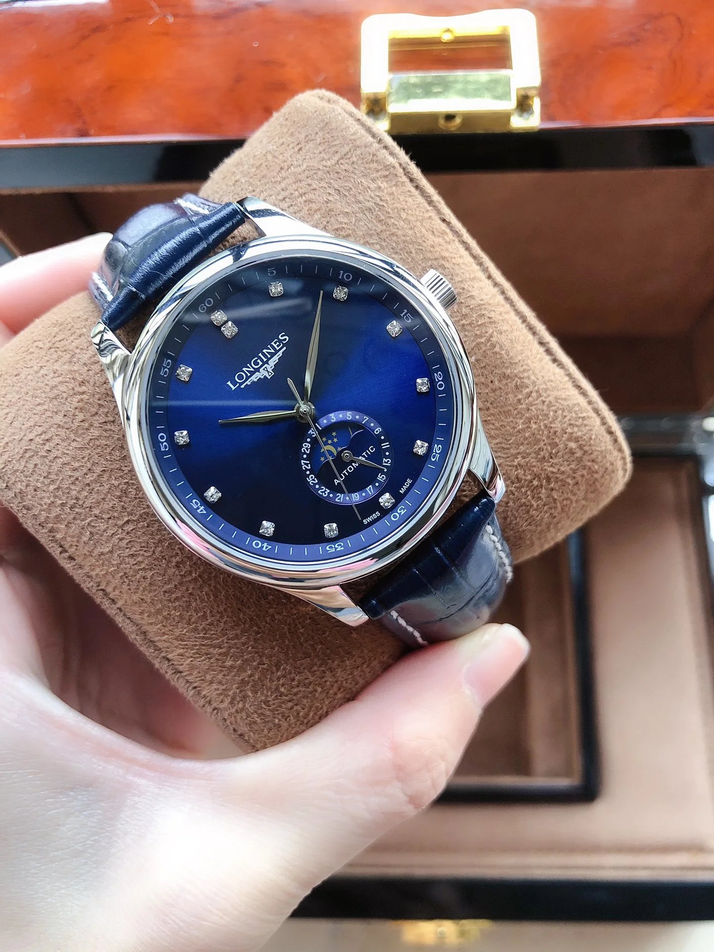 Longines Master Collection Blue Dial Diamond Hour Markers Moon Phase Mechanical Watch Watches - 15