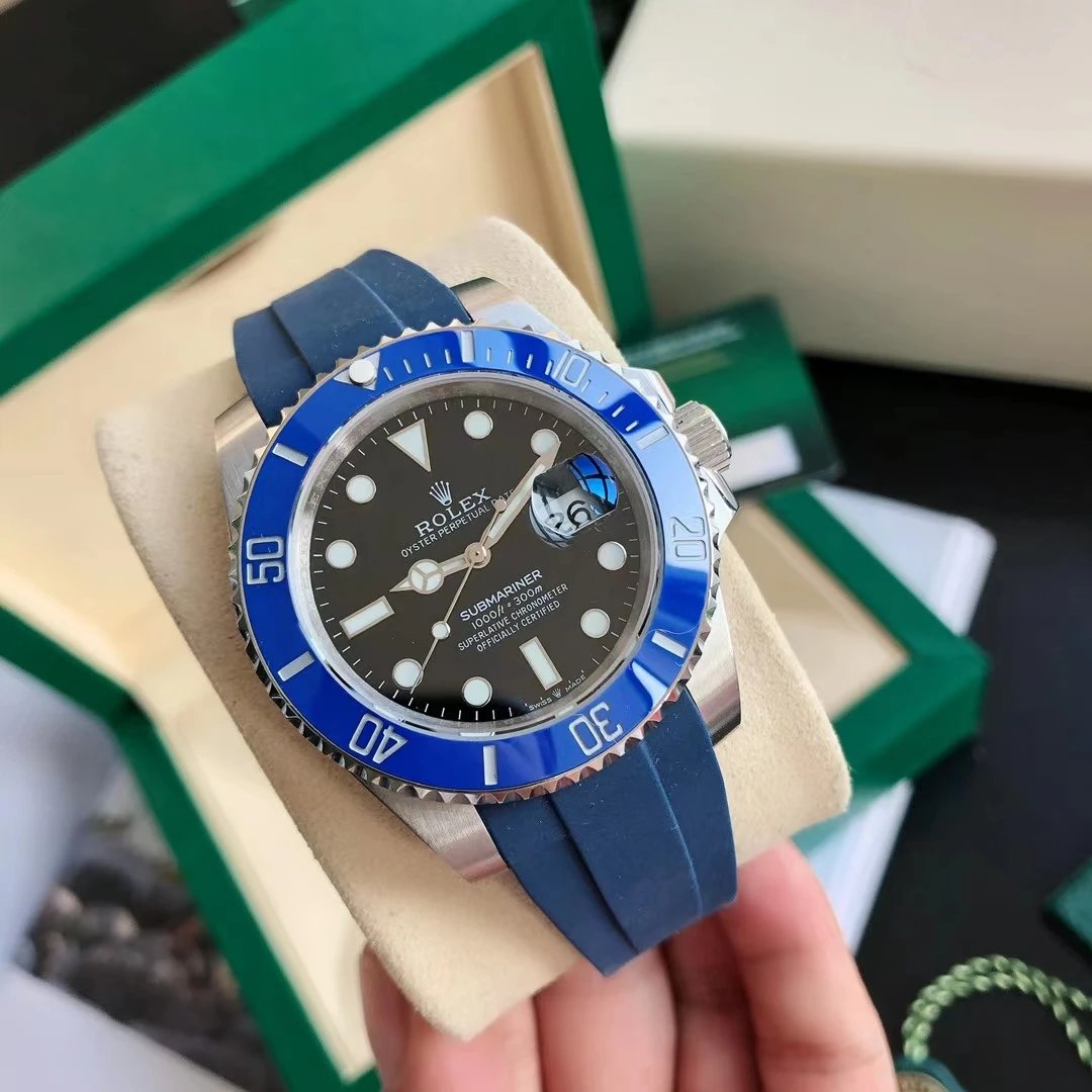 Rolex Submariner Watch Black Dial Blue Bezel Blue Rubber Strap