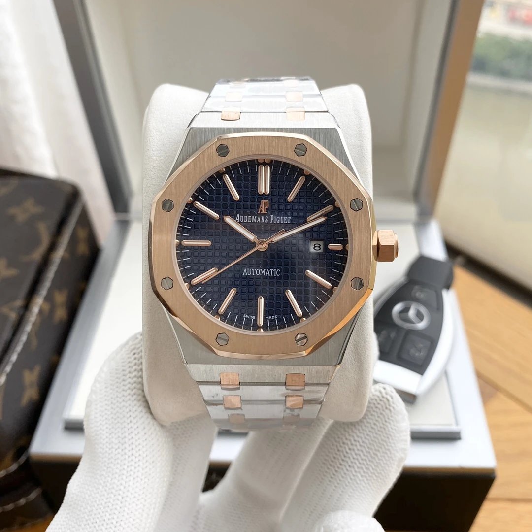 Two-Tone Rose Gold Case · Blue Dial Steel Band