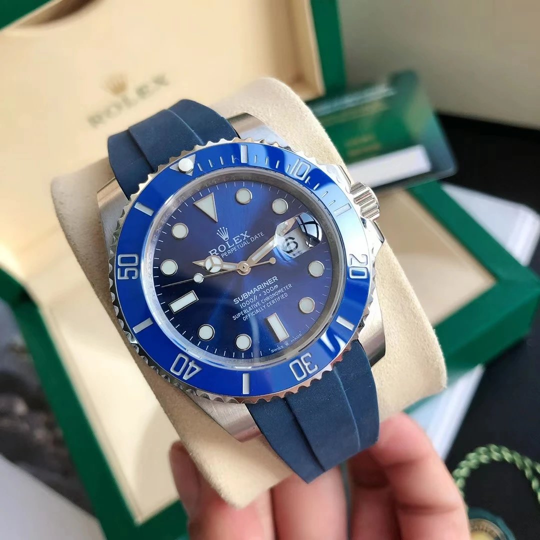Rolex Submariner Watch Blue Dial Blue Bezel Blue Rubber Strap
