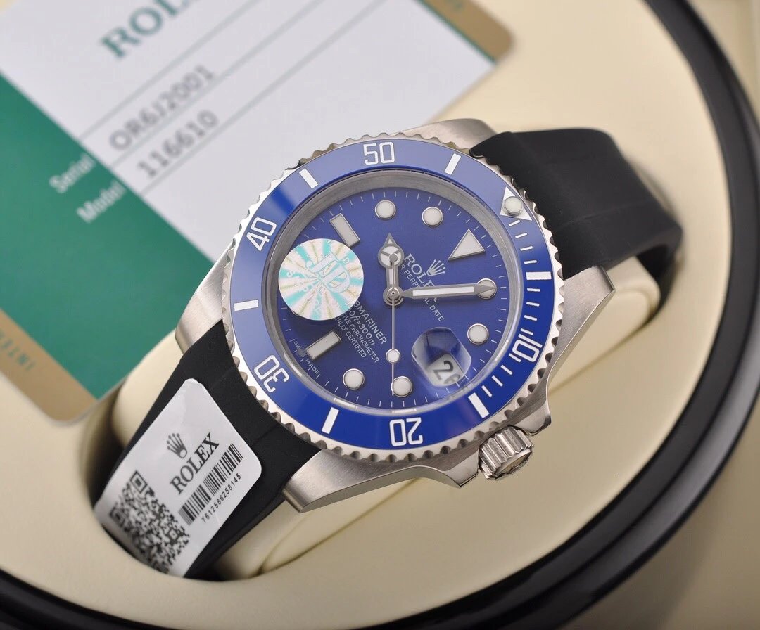 Rolex Submariner Watch Blue Dial Blue Bezel Black Rubber Strap