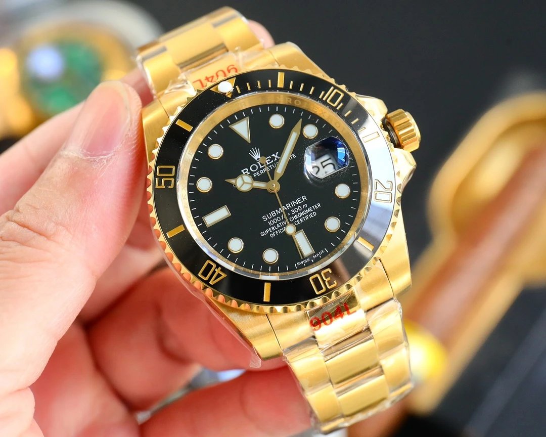 Rolex Submariner Watch Black Dial Black Bezel Full Yellow Gold Bracelet