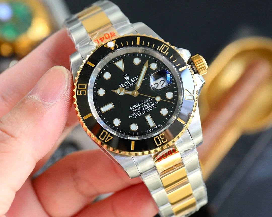 Rolex Submariner Watch Black Dial Black Bezel Two-Tone Gold Steel Bracelet