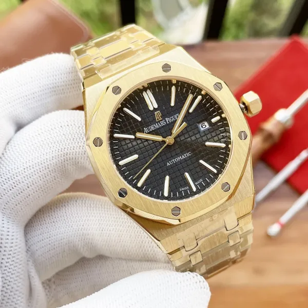 Audemars Piguet Royal Oak 41mm Yellow Gold Black Tapisserie Dial Mechanical Watch Watches - 1