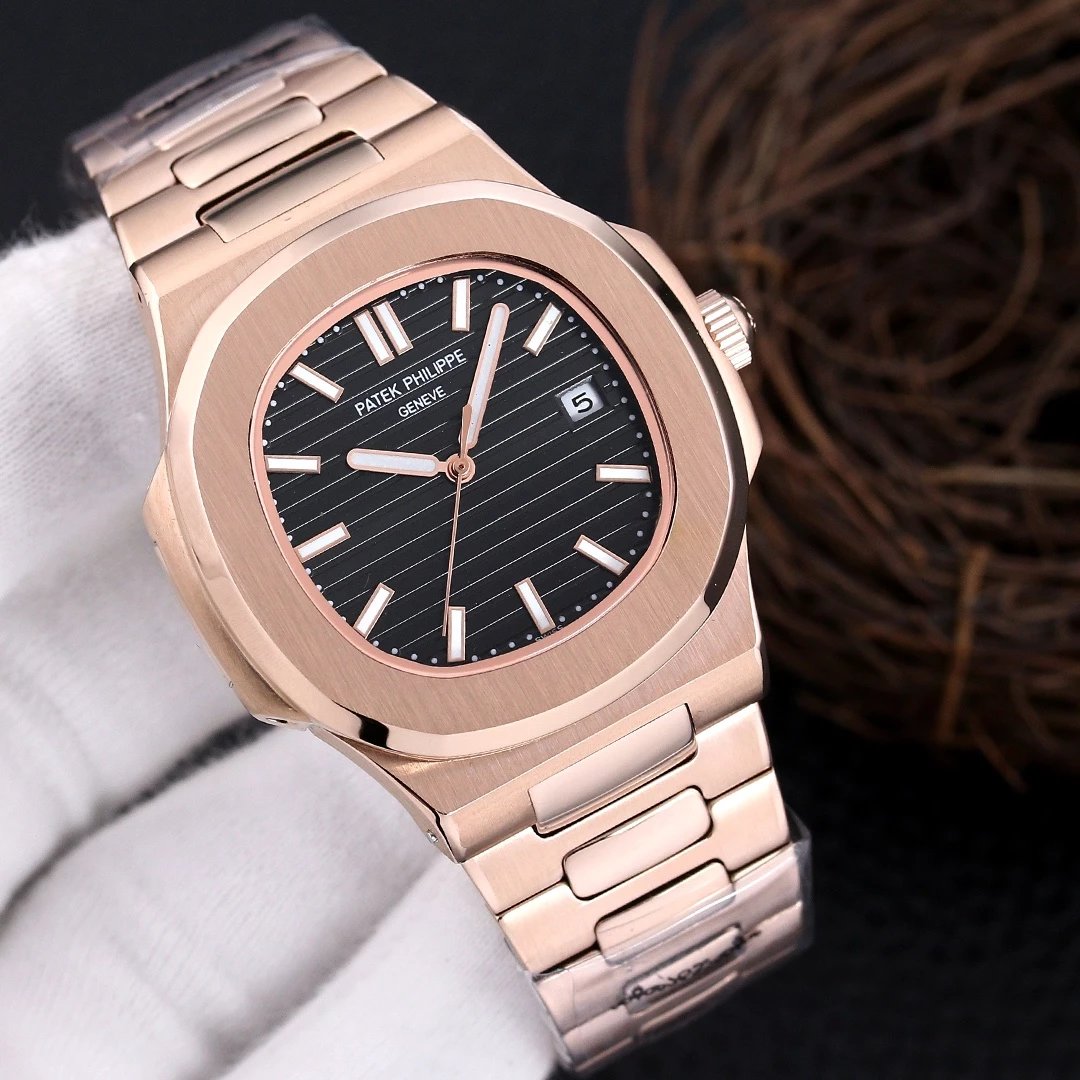 Rose Gold Case · Black Dial Steel Band